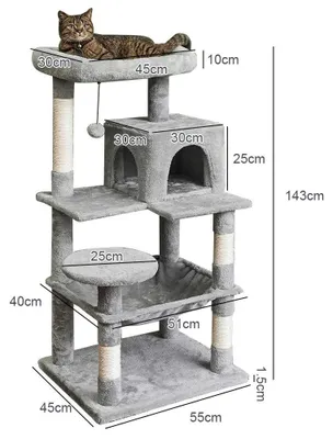 Produktbild von Katzen Kratzbaum - Kletterbaum 45x55x143 cm - Mehrstöckig - Kratzsäulen - Hängematte und Höhlen - Leiter