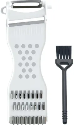 Produktbild von Unyqoos® 6‑in‑1 Gemüseschneider & Schäler – Sparschäler, Julienneschneider, Reibe, Knoblauchraspel, Kartoffelschäler; ergonomisch, Kunststoff/Edelstahl, spülmaschinenfest