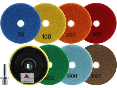 Produktbild von Diamant Trocken Polierscheiben 7 Stück 100mm (#50–#3000) für Granit Marmor Kunststein Quarz mit M14 Unterlage für Winkelschleifer