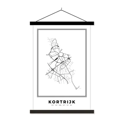 Produktbild von MuchoWow® Textilposter Stadtplan - Schwarz und weiß - Karte - Kortrijk - Belgien - Karte 60x90 cm mit schwarzem Rahmen - Poster Wohnzimmer