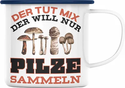 Produktbild von Trendation - Pilzsammler Geschenk Emaille Tasse Pilze Sammeln Emaille Emaille Tasse Geschenkidee Pilzsucher Pilzliebhaber Sprüche (Blau)