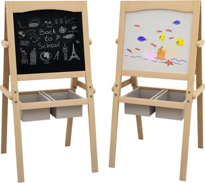 Image de AIYAPLAY Tableau chevalet pour enfants - Tableau noir double face - Rouleau de papier + 2 paniers de rangement intégrés - Bois de pin naturel massif