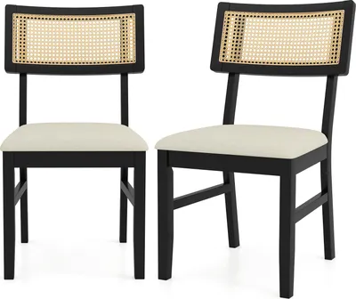 Image de COSTWAY Chaises de salle à manger en rotin, lot de 2, chaises de cuisine en bois, chaises de table à manger avec assise rembourrée, chaises en bois jusqu'à 180 kg pour salle à manger, cuisine