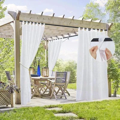 Obrázek produktu pro Průhledné venkovní záclony z lnu, 2 ks, 213 x 137 cm, bílé, se zapínáním na suchý zip