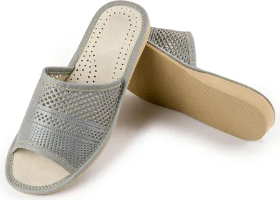 Produktbild von Damen Hausschuhe Grau – Lochmuster – Echtleder Sohle – Slipper Gr.36