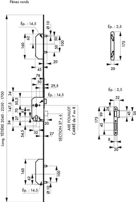 Image de Serrure à encastrer multipoints 3 points NF QC TRIMAX à 2x2 pênes ronds, hauteur 2040mm, sans gâches - THIRARD