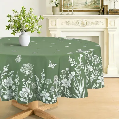 Immagine prodotto di Tovaglia rotonda, diametro 180 cm, motivo floreale primaverile/estivo, con fiori e farfalle, colore verde
