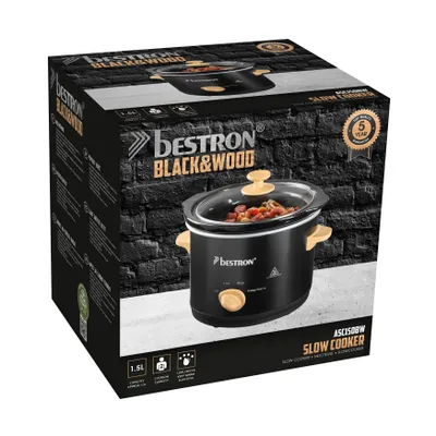 Immagine prodotto di Pentola a fuoco lento Bestron per 2 persone, pentola a fuoco lento con padella in Vetroceramica e coperchio in vetro, termostato a 3 livelli, ideale per molti piatti come carne, zuppe e verdure, 1,5 litri, Black & Wood, colore: nero/legno