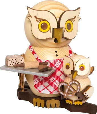 Produktbild von Drechslerei Kuhnert Räucherfiguren - Weihnachtsbäckerei mit Kind - Eule aus Holz - ca. 15 cm - 37244