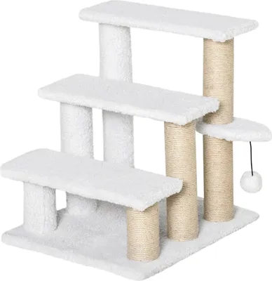 Produktbild von Haustiertreppe Mit Kratzbaum Ball 3-Stufige Katzentreppe Hundetreppe Tiertreppe Spanplatte Plüsch Jute Weiß 45 X 40 X 48 Cm