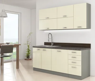 Obrázek produktu pro Paneláková kuchyně 180/180 cm SHAN 3 - šedá / lesklá krémová + LED, dřez a příborník