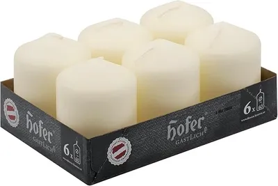 Obrázek produktu pro sada 6 svíček HOFER ve tvaru slonové kosti - 60x80 mm - bez vůně - doba hoření 25 h - bez kapek a kouře