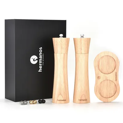 Produktbild von Pfeffer- und Salzmühlen-Set Naturbelassen Akazienholz Manuell, 22 cm, Austauschbare Knöpfe (Schwarz, Silber, Gold) & Einstellbarer Mahlgrad -Hermanos®