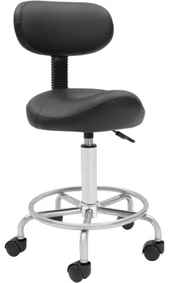Produktbild von Sattelhocker - Rollhocker mit Rückenlehne - Höhenverstellbar 45–59 cm - 150 kg belastbar - Ergonomischer 360° Drehstuhl mit Rollen - Schwarz