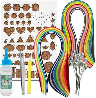 Produktbild von Quilling-Set Starterset mit 150x 5mm & 160x 3mm Papierstreifen in 16 & 40 Farben, inkl. Schablone, Werkzeugset & Kleber