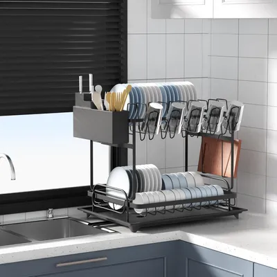 Image de Étagère égouttoir à 2 niveaux, noire, avec système d'écoulement pivotant, pour cuisine