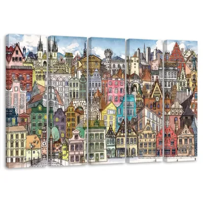 Produktbild von 5-teiliges leinwandbild fröhliche stadt 100x70 cm Feeby farbe wandbild bereit zum aufhängen