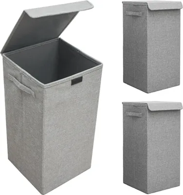 Three views of a gray fabric laundry basket with a lid.