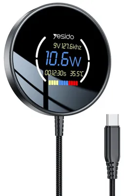 Produktbild von Yesido - Kabellose Ladestation (DS28), magnetische kabellose Ladestation mit Halterung, Digitalanzeige, schnelles Laden mit 15 W, USB-C-Kabel 1,2 m – schwarz