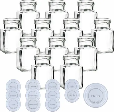 Produktbild von gouveo 12er Set Einmachgläser 150 ml eckig mit Schraub-Deckel -Gewürze 1- weiß - Kleine Vorratsgläser mit Schraubverschluss - Leere Gewürzgläser