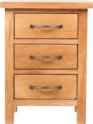A wooden nightstand with three drawers against a white background.