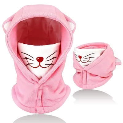 Immagine prodotto di Cappuccio termico in pile Kinder, adatto a bambini dai 4 ai 12 anni, maschera multifunzionale antivento, scaldacollo e sciarpa caldi, motivo gatto, colore rosa