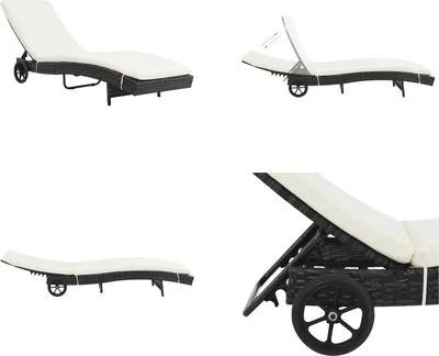 Image de vidaXL Chaise longue avec roulettes et support Poly rotin noir - Chaise longue - Bain de soleil - Chaise longue en rotin