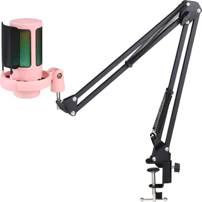 Imagen del producto de Micrófono de condensador USB AIORBER, con efecto de luz RGB, brazo flexible, filtro anti-pop, fácil de usar (plug-and-play), para PC y teléfono móvil, dimensiones: 42,5 x 17,7 x 9 cm, color