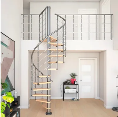Produktbild von Pertura Spindeltreppe Koralia Buche Leimholz Ø 160 cm Grau 15 Stück Stufen 16 Steigungen Relinggeländer Stabgeländer Gra
