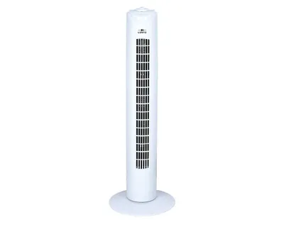 A white tower fan is shown against a white background.