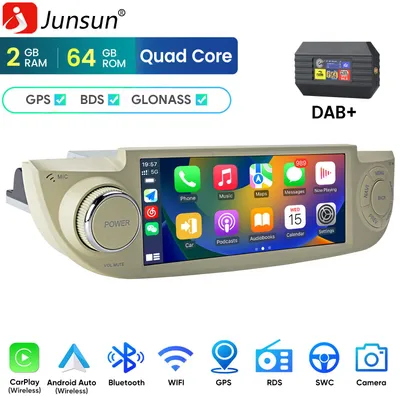Zdjęcie produktu dla Radio samochodowe DAB+ CarPlay 6,86" z systemem Android 15 do FIAT 500 (2007–2015) z nawigacją GPS, Wi-Fi, RDS, DSP, Bluetooth, SWC, USB, 2 GB + 64 GB, białe
