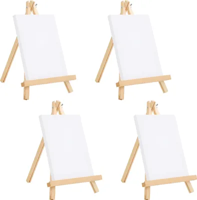 Produktbild von Belle Vous Mini Leinwand mit Holz Bildhalterung Ständer Tisch Staffelei (4er Pack) - L 20 cm x B 15 cm - Vorgespannte, Grundierte Leere Leinwand - Mit