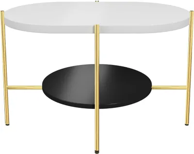 Produktbild von Arena Moderner Couchtisch mit 2 Ablagen / Oval + Rund / 80 x 50 x 50 cm / mit Gold Metallgestell / Weiß / Schwarz