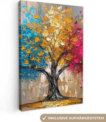 Produktbild von MuchoWow® - Leinwandbilder - Baum - Bunt - Grau - Modern, Wandbild, Wanddeko Bilder Wohnzimmer, 60x90cm