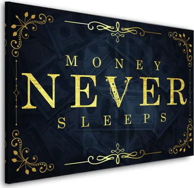 Produktbild von Money Never Sleeps Gold Blau Leinwandbild Wandbild XXL: 60x40x2cm