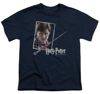 Image de T-shirt enfant Harry Potter, motif "Portrait de baguette", référence TV36737 (taille 140-146), couleur marine