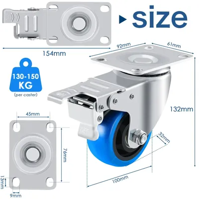 Produktbild von Transportrollen - Schwerlast Lenkrollen mit Bremse - Tragkraft 600 kg - Rad 10 cm (100 mm) - Polyurethanrollen - 4er Set