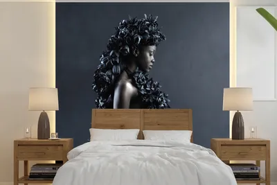 Produktbild von MuchoWow® Fototapete für Wohnzimmer oder Schlafzimmer Wandtapete Vinyl Motivtapete Blumen - Frau - Schwarz - 300x300 cm - Wanddekoration