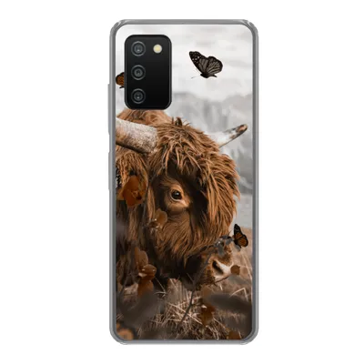 Produktbild von MuchoWow® Handyhülle Schutzhülle Hülle für Samsung Galaxy A03s Scottish Highlander - Schmetterlinge - Pflanzen Silikon Softcase Handy Hülle - Schutz