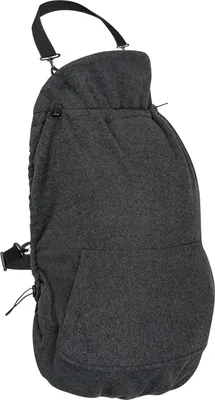 A dark gray fleece baby carrier cover shown from the side.