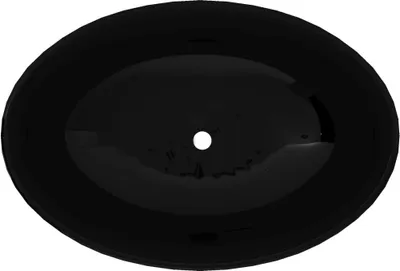 A top-down view of a black oval sink with a drain hole in the center.