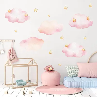 Immagine prodotto di Adesivi murali a forma di nuvole e stelle, rosa, removibili, in vinile, per camerette