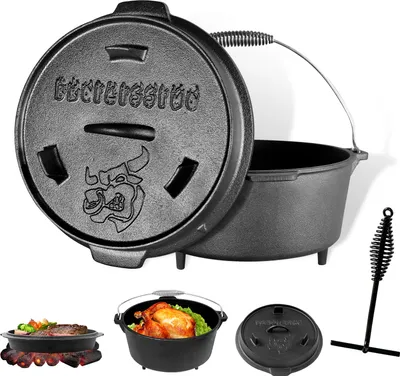 Produktbild von CCLIFE Dutch Oven Set Deckelheber BBQ Gusseisen Feuertopf Gusstopf Schmortopf, 8.5L. mit Beine