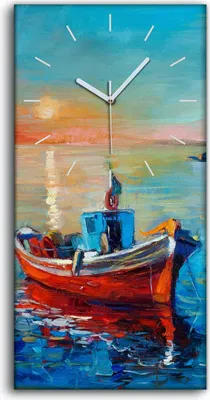 Produktbild von Wandbild Leinwand Bilder mit Uhr 30x60 Gemälde Ozean Meer Boot Sonnenuntergang - weiße Hände