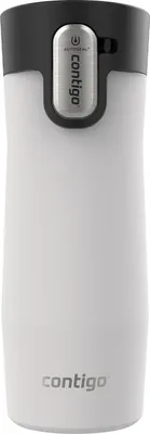 A white Contigo travel mug with a black lid and silver button.