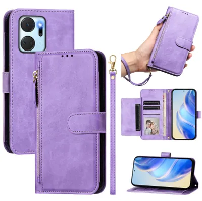 Produktbild von Wallet Hülle für Honor X7A, Flip Stand Kunstleder Kartenhalter Brieftasche Reißverschluss Lila