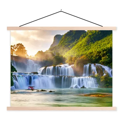 Produktbild von MuchoWow® Textilposter Wasserfall - Pflanzen - Sonne - Wasser - Natur 120x90 cm mit holzfarbenen Rahmen - Magnetisch