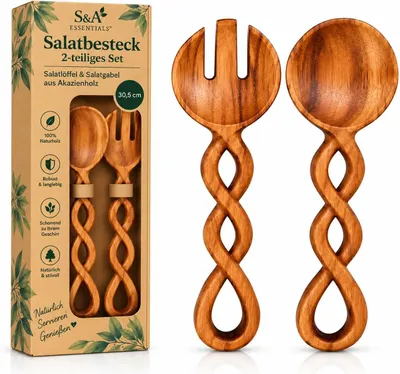 Produktbild von Salatbesteck Akazienholz 30,5 cm, 2-teilig – Salatlöffel & Salatgabel aus Holz, Servierbesteck für Salat, Pasta & Obst