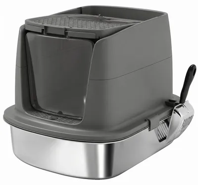 Obrázek produktu pro Uzavřená kočičí toaleta z nerezové oceli se lžící | Barva: tmavě šedá | Rozměry: 41,3 x 52,4 x 39,8 cm