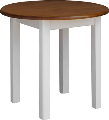 Produktbild von Weißer Runder Tisch aus massivem Kiefernholz mit Tischplatte in der Farbe Eiche 90 cm